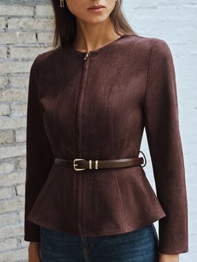 Commense Sold Out Women's Brown Suede Peplum Jacket with Belt